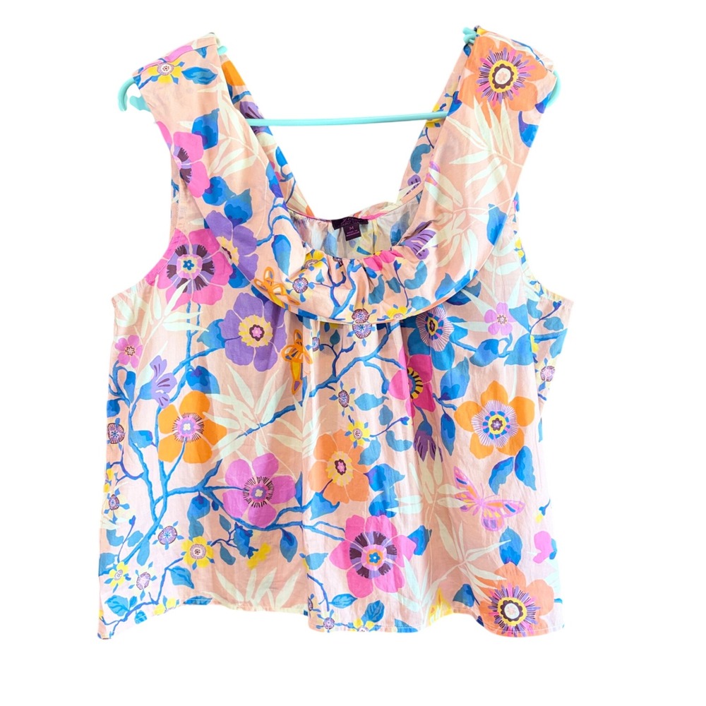 J.Crew Liberty Fabric Floral Ruffle Neck Sleeveless Top Pink Orange Blue Women M